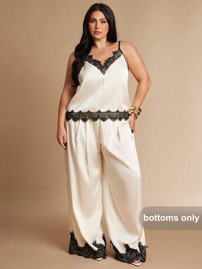 SHEIN BAE 大码女式弹力腰带蕾丝拼接休闲百搭阔腿裤