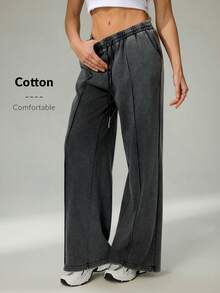 SHEIN Tall 雪洗女士抽绳阔腿运动裤 - 黑色 - 查看 5