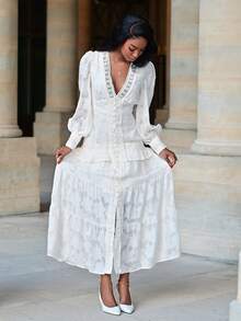 Mima John V 领泡泡袖收腰优雅长裙女装 - 杏色 - 查看 6