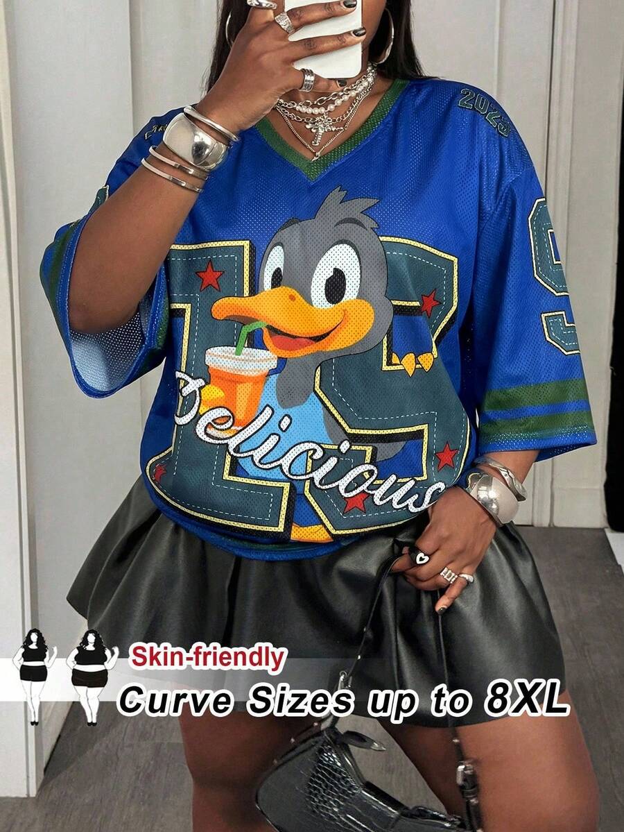 SHEIN CURVE+ 大码女式休闲宽松简约V领可爱鸭子印花T恤/大码T恤/图案T恤 - 藏蓝色 - 查看 1