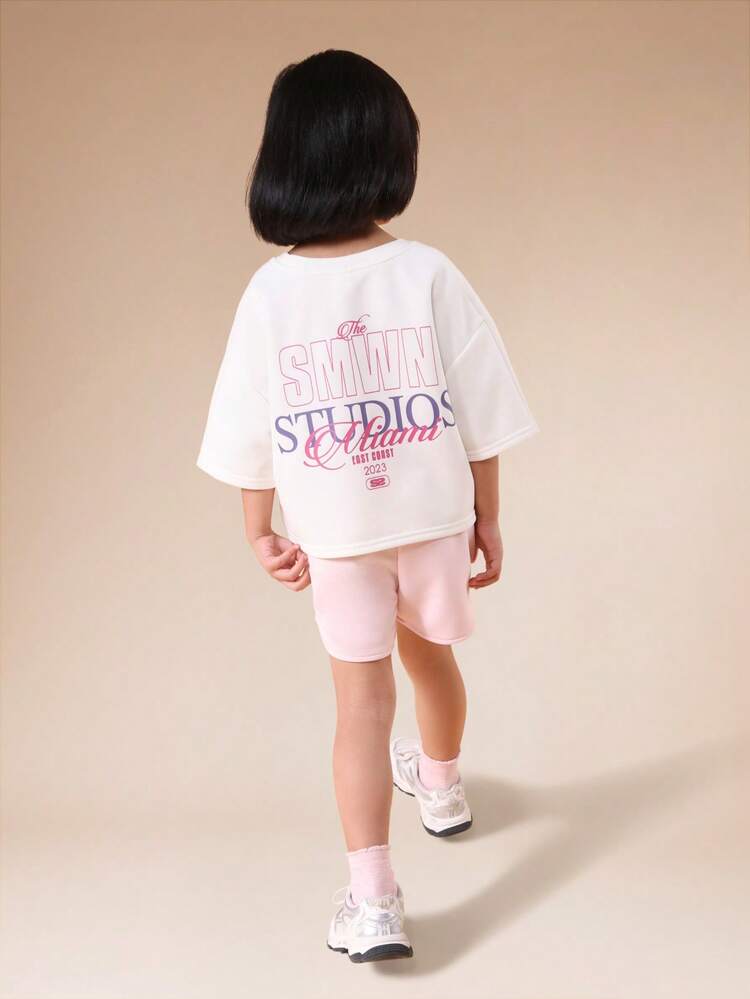 Girls Short Sleeve Round Neck Co-Ord Set With Graphics Pink Shorts Oversized Fit Summer Casual Wear