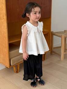 Dazy Kids 2pcs Baby Girls' Round Neck Bow Decor Korean Style Shirt And Loose Pants Set Summer Toddler - Black and White - View 6