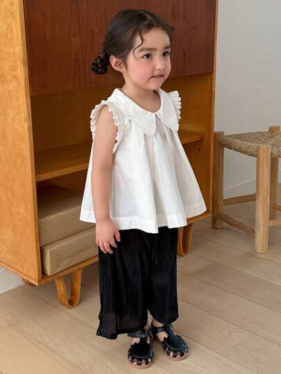 Dazy Kids 2pcs Baby Girls' Round Neck Bow Decor Korean Style Shirt And Loose Pants Set