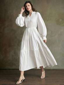 Ontre 女士象牙色舒适柔软面料修身廓形小圆领长袖泡泡袖收腰蓬蓬裙拼接设计现代优雅婚礼宾客装扮简约浪漫法式奢华都市时尚商务休闲办公室低调复古高端都市通勤高品质机场邮轮中东必备百搭四季婚礼系列长裙 - 白色 - 查看 8