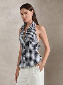 Briarwyn Summer Women's Cotton Sexy Plaid Front Button Back Tie-Up Backless Halter Top, Summer Top, Going Out Tops,Vacation Outfits Women Checkered Top Summer Clothes Gingham Top Tube Top Bow Top - Black and White - View 8