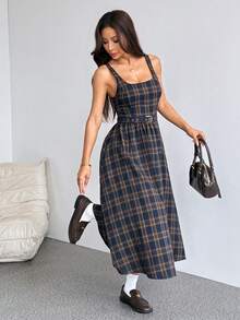 SHEIN PETITE Women Plaid Strap Dress , Teacher Dress,Casual Dress,Fall Dresses,4th Of July Women Outfits,Long Dress - Multicolor - View 5