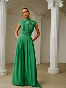 ZEYLAH Elegante mono de pierna ancha con pliegues, primavera/verano - Verde - Ver 5