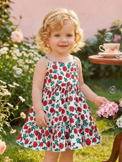 这款女童经典吊带连衣裙采用露肩设计，A字廓形，腰部褶裥设计，飘逸灵动，褶皱下摆更添轻盈感，是小女孩夏季衣橱中不可或缺的吸睛单品。