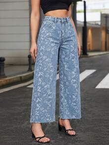 SHEIN Frenchy Quần jeans ống rộng dệt jacquard mài bạc màu, kiểu dáng thường ngày. - Rửa nhẹ - Xem 5