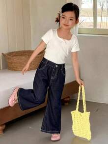 Young Girls Water-Washed Korean Style Flared Bowknot Embroidered Letter Casual Jeans - Black - View 10