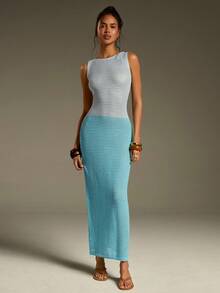 Athîral Women's Casual Light Blue Autumn Boho Vacation Holiday Color Blocked Sleeveless Knitted Dress,Elegant Date Party Outdoor Spring/Summer Lawn Outfit - Multicolor - View 3