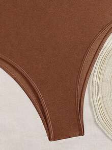 Swim Chiccia Women's Summer Beach Music Festival One Shoulder Shiny Nylon Brown Beaded Elegant Vacation Style One Piece - Brown - View 3