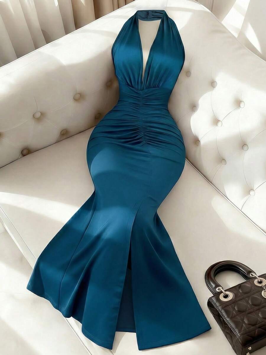 Franclia Elegant Fitted Sexy Deep V-Neck Halter High Slit High Stretch Indigo Blue Elegant Dress, Party Dress, New Year Dress - Dusty Blue - View 1