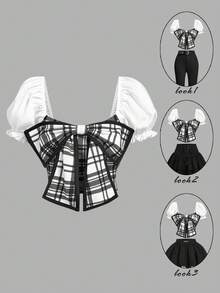 SHEIN MOD 女士优雅格子拼接蝴蝶结装饰衬衫，夏季 - 黑與白 - 查看 1