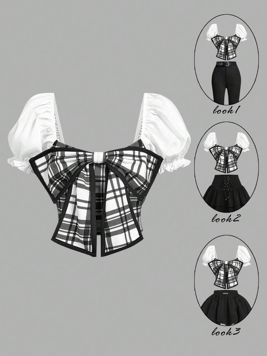 SHEIN MOD 女士优雅格子拼接蝴蝶结装饰衬衫，夏季 - 黑與白 - 查看 1