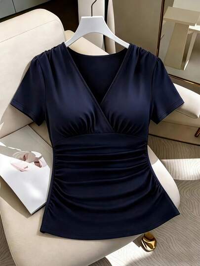 GlowEve Women's Navy V-Neck Short Sleeve Ruched Fitted Summer New Fashionable Versatile Elegant Daily T-Shirt