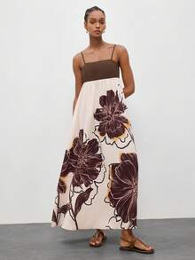 Maija Women's Elegant Coffee Brown Summer Vacation Casual Colorblock Floral Print Dress,Beach Holiday Outfits,Summer Dresses For Women - Multicolor - View 8
