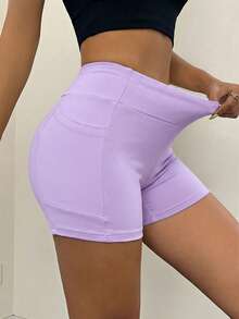 SHEIN EZwear Women's Solid Color Casual Versatile Daily Wear Skinny Shorts - Purple - View 5