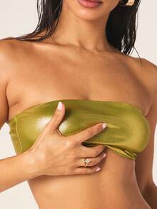 MISSGUIDED Metallic Strapless Bandeau Crop Top Women Party Club Summer Festival Tube Top - Yellow - View 5