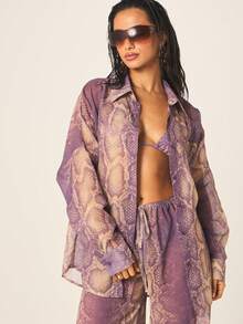 MISSGUIDED 女士紫色蛇纹印花沙滩罩衫，纽扣前襟长袖泳衣罩衫 - 彩色 - 查看 5