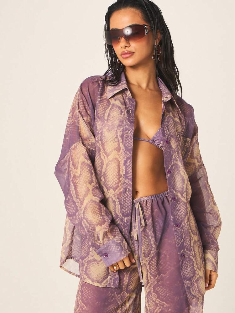 MISSGUIDED Women's Purple Snake Print Beach Cover Up Shirt With Button Front Long Sleeve Swim Cover Up Top