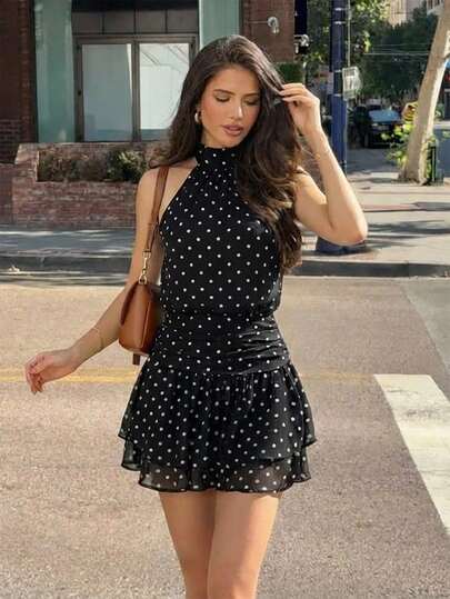 Aloruh Women's Halter Backless Tie Bow Polka Dot Chiffon Mini Dress, Black & White,Commuter Dress,Work Dress,Office Dress,Black Dress,Polka Dot Dress,Formal Attire For Women,Casual Dres,Casual Dresses For Women,Holiday Outfits,Beach Vacation Outfits For Women,Summer Holiday Outfits,Vacation Outfits Women,Elegant Dress,Graduation Dresses,Going Out Outfits,Wedding Guest Dresses,Weddings & Events,Beach Outfits For Women,Party Outfit,Party Dresses For Women,Easter Dress,Summer Dresses