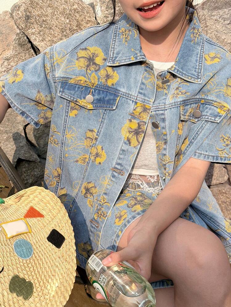 Tween Girls Floral Print Denim Top And Shorts Set, Korean Style Summer