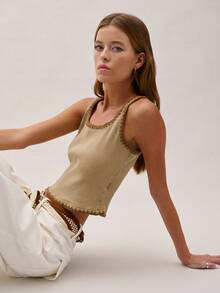 Nöista A Slim-Fit Cropped Vest Made Of High-Elasticity Light Beige Knit Fabric. The Neckline And Hem Feature Tonal Chunky Knit Crochet Trim, Adding Detail And Dimension. The Low Saturation Makes It Easy To Wear Alone Or As A Base Layer. - Khaki - View 4