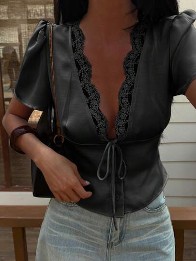 Livesso Black Lace Patchwork Tie-Front V-Neck Blouse, Casual Vacation Beach Style, Elegant Office Wear Short Sleeve Shirt For Women, Spring & Summer