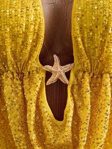 Mistrie Women's Plunge Neck Metallic Starfish Decor Sexy Halter Sequin Blouse - Yellow - View 7