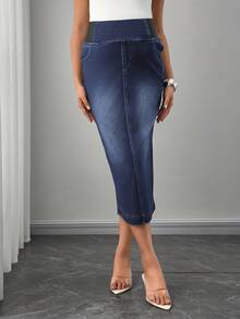 SHEIN Pregnant Women's Casual Four-Way Stretch Denim Skirt With Pockets - Dark Wash - View 3