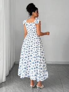 Elenzga Plus Size Elegant Ditsy Floral Sleeveless White Summer Bridal Wedding Guest Dress, Ruffle Strap Picnic Photoshoot Dresses For Women, Wedding - Blue and White - View 2