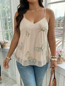 Breezaya Camiseta de tirantes con bordado de mariposa talla grande, top de malla etérea - Albaricoque - Ver 3