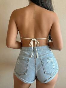 Sunnyshic Women's Apricot Fashionable Versatile Metal Beaded Necklace Knit Top, Vacation Style For Summer - Apricot - View 2