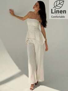 Aloruh Women's Apricot Strapless Ruffle Hem Crop Top And Skinny Pants, Spring/Summer Vacation Strapless Top And Pants Set Comfortable Two Piece Set Women Summer 2 Pieces Sets - Khaki - View 5