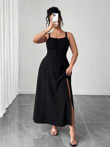Elenzga Gaun Panjang Tanpa Lengan Warna Polos Hitam Elegan Ukuran Plus untuk Musim Gugur, Gaun Maxi Bertali Pinggang Tinggi untuk Makan Malam, Pesta Koktail, dan Tamu Pernikahan - Hitam - View 5
