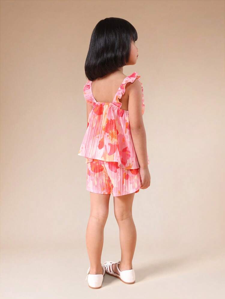 Conjunto de Verão Coordenado com Regata com Babados e Shorts Estampa Aquarela Feminino, com Decote Quadrado