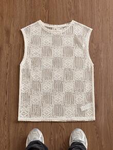 SWAVVY Men's Casual Floral Hollow Design Round Neck Tank Top - Apricot - View 3