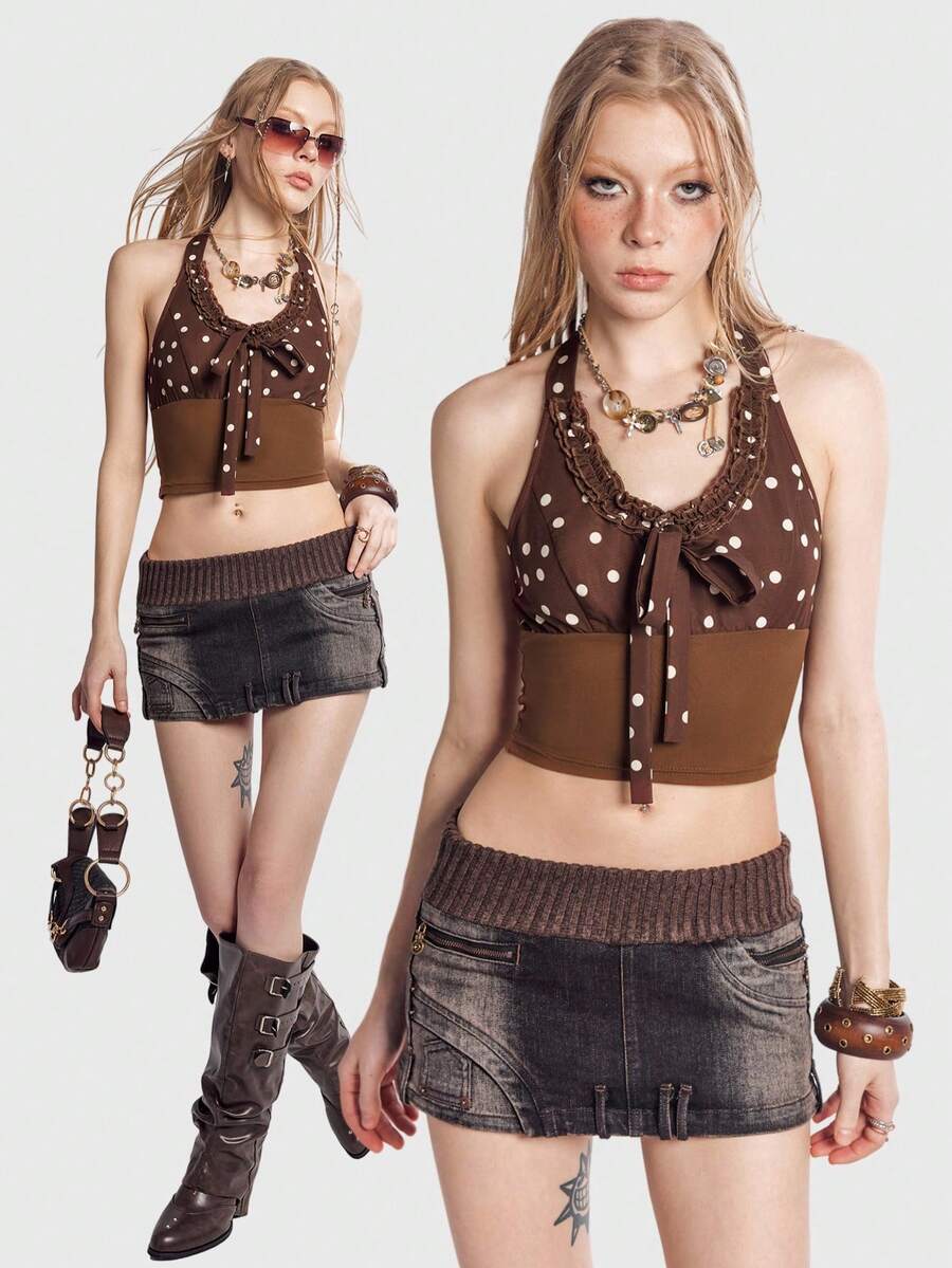 Bloopia Áo croptop nữ dệt kim không tay chấm bi ôm sát gợi cảm, viền bèo kiểu Pháp, thiết kế mới. - màu nâu - Xem 1