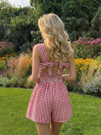 SHEIN MOD Women's Casual Plaid Sleeveless Romper, Summer,Summer,Vacation Outfits, Retro, Vintage,Country Outfits,  Going Out,Picnic, Cottagecore,Boho,Chic Women's Set,Red  Plaid Romper,