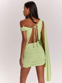 SHEIN BAE Spring & Summer Solid Green Asymmetrical Shoulder Ruffle Trim Backless Bodycon Dress, Vacation Dress, Sexy Dress, Green Dress - Green - View 2