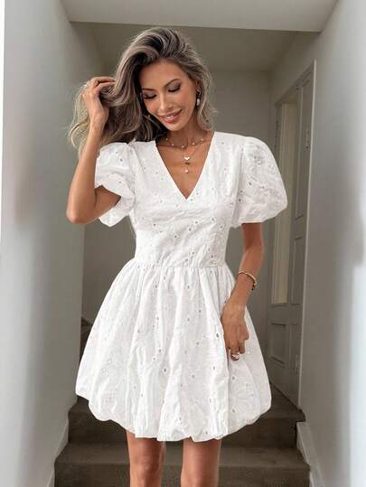 Easowa White Embroidered Short Sleeve Ruffle Hem Mini Dress For Women, Suitable For Romantic Vacation, Countryside Vacation, Beach Vacation, Music Festival, French Vacation, Casual Daily Wear, Spring/Summer Vacation/Boho/Sexy White Bubble Dress Vacation White Dress White Mini Dress Puff Sleeve Dress White Dresses For Women White Vacation Dress White Embroidered Dress