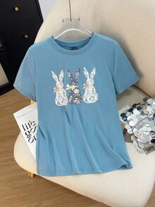 Resyla Women's Cartoon Rabbit Print Round Neck Short Sleeve Casual Versatile T-Shirt - Blue - View 1