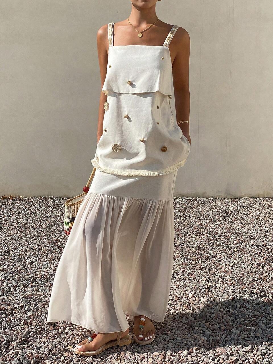 Beaded Decor Long Camisole Spliced Chiffon Skirt Hem Skirt, Elegant Summer Vacation 2-Piece Set For Women Lounge Sets For Women Short Sets For Women