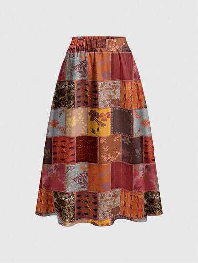 ROMWE Fairycore Falda paraguas elegante de talla grande con estampado de patrón vintage de tela de patchwork de bosque oscuro estilo hippie, gótico y vacaciones