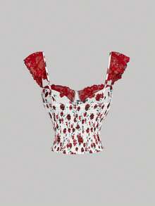 SHEIN MOD Red Rose Floral Print Contrast Lace Crisscross Ribbon Top – Date, Party, Women's Summer And Spring Wear, Spring Break, Vacation, Picnic, Festival, Birthday - Red and White - View 2