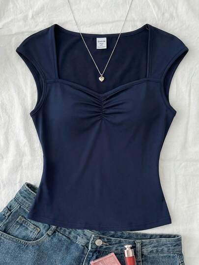 SHEIN 少女藏蓝色针织纯色褶皱胸部甜美可爱披肩T恤，返校季穿搭，可爱，适合假日家庭户外春季野餐日常穿着，适合各种场合