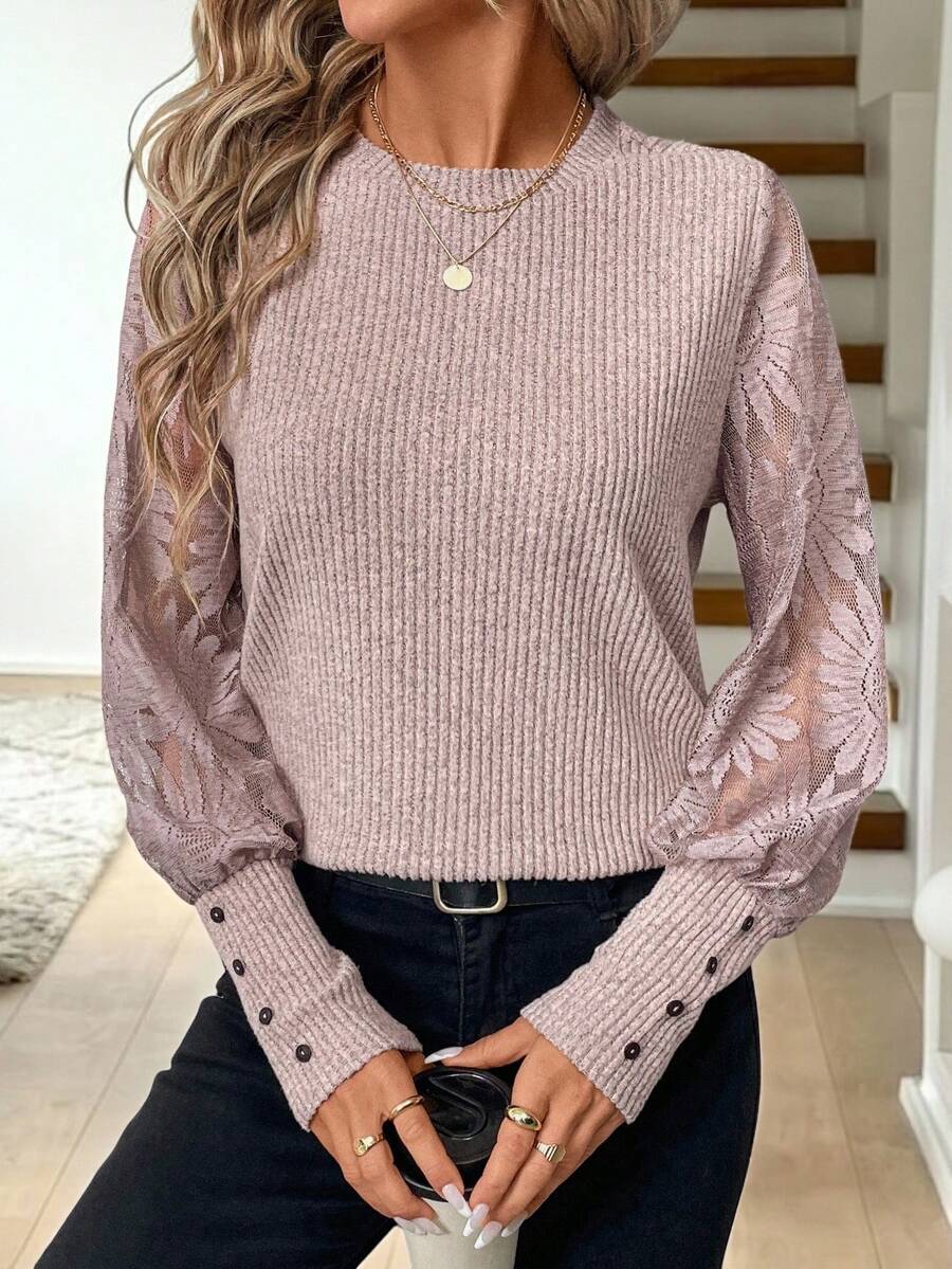 Easowa 女士圆领灯笼袖蕾丝拼接毛绒罗纹质感休闲通勤优雅套头衫，秋冬款 - 藕粉色 - 查看 1