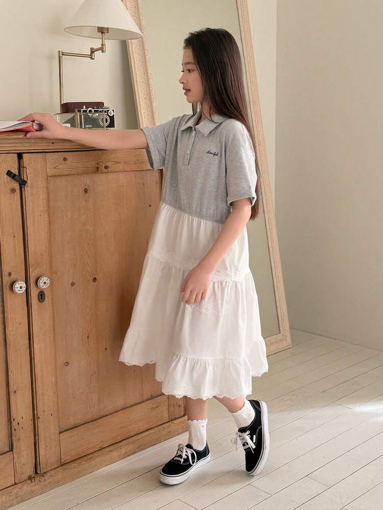 Tween Girl Letter Print Short Sleeve Polo Collar Contrast Color Casual Loose Dress