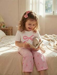 Maija Kids Set de 2 piezas con blusa de manga corta de cuello redondo suave con lazo y pantalones de cintura elástica para niña joven - Rosa - Ver 8